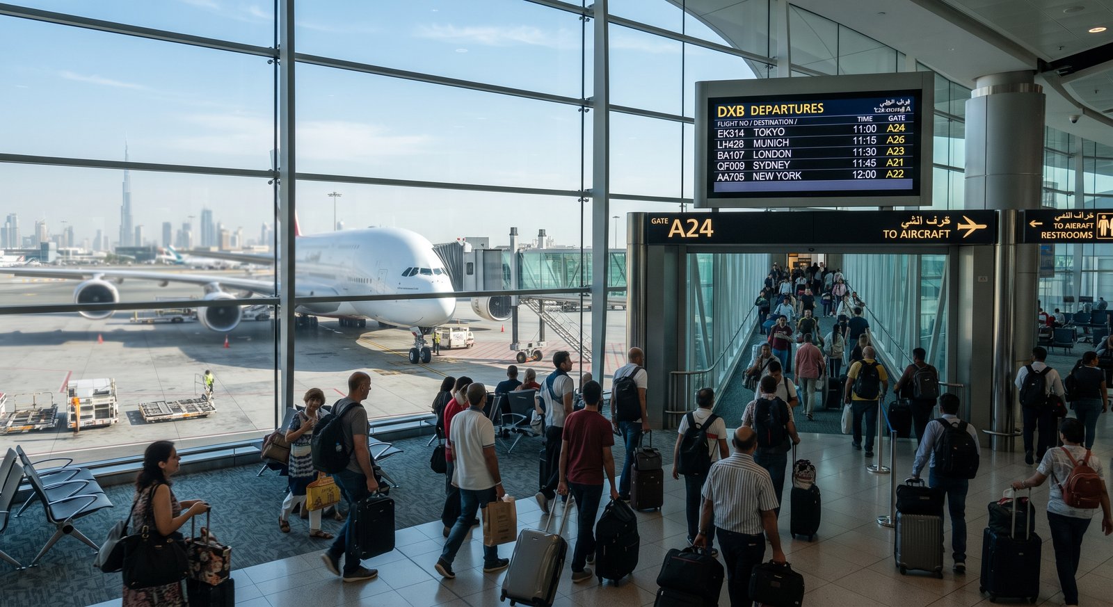 Passengers checking Dubai to Delhi flight status at the airport