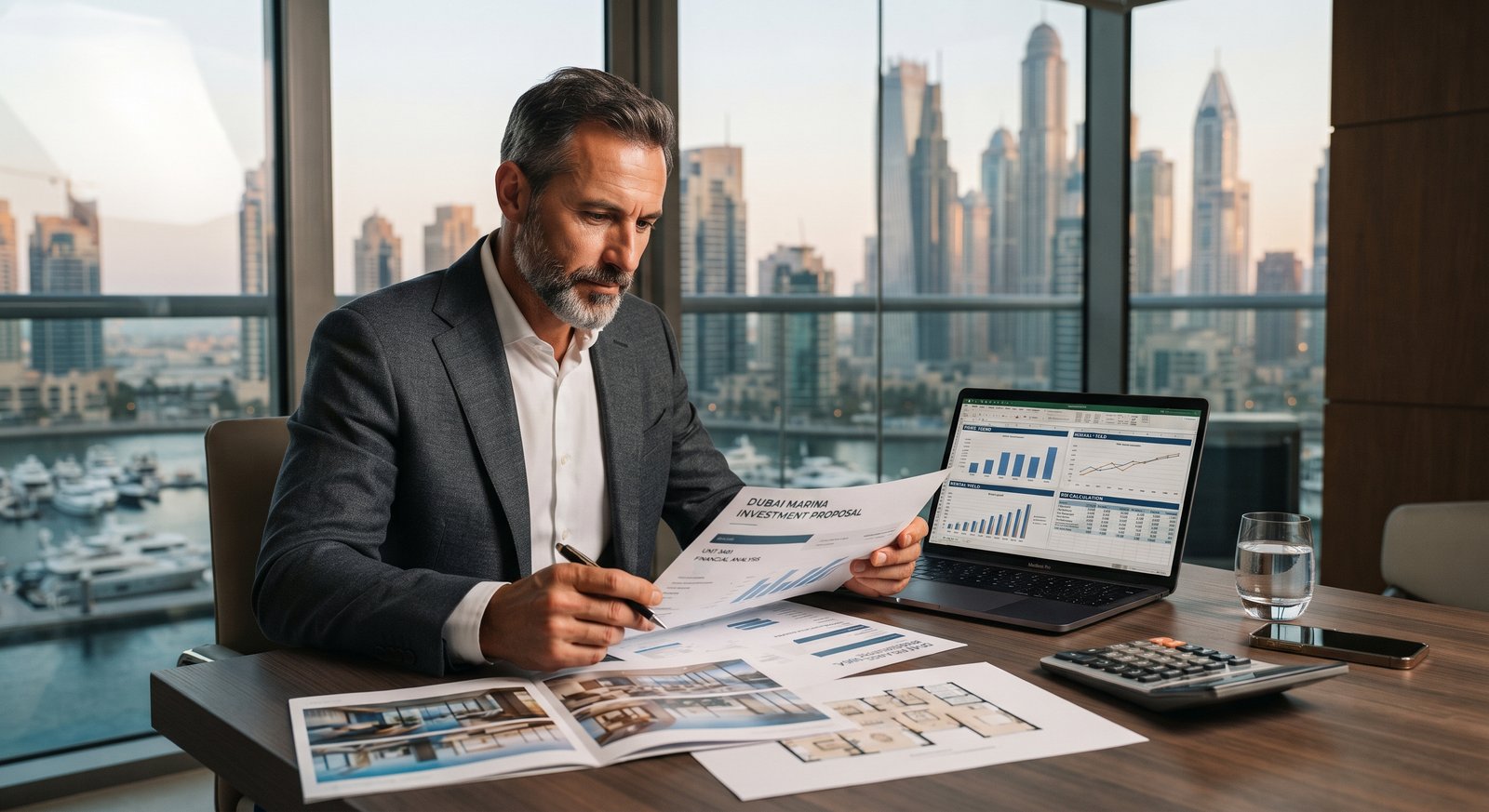 Investor reviewing Dubai property costs, rental income, and deal analysis before buying