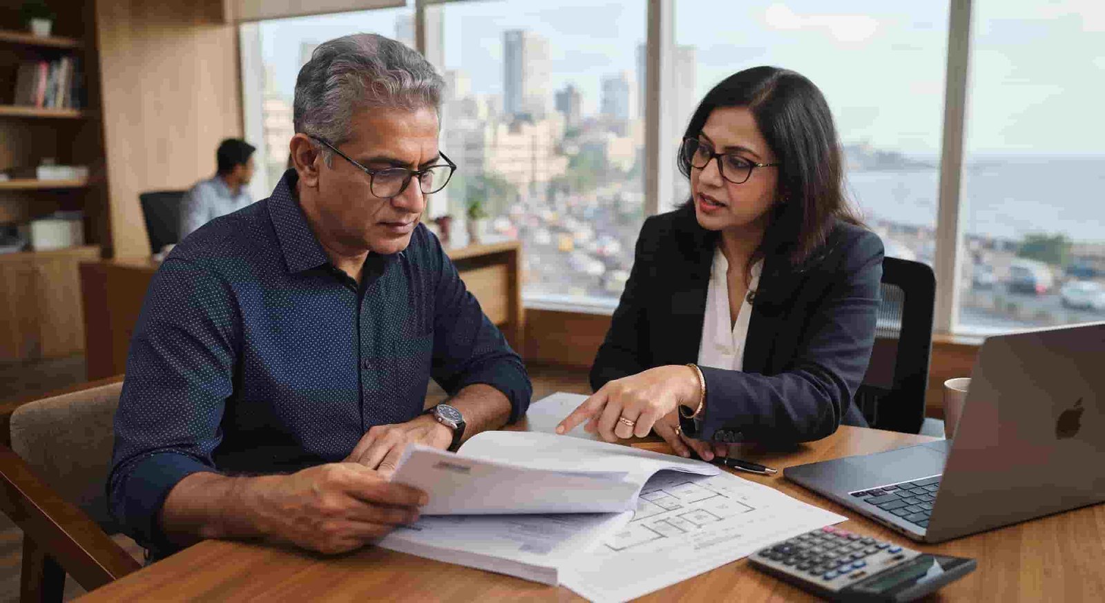 Indian investor checking a Dubai title deed with a property adviser