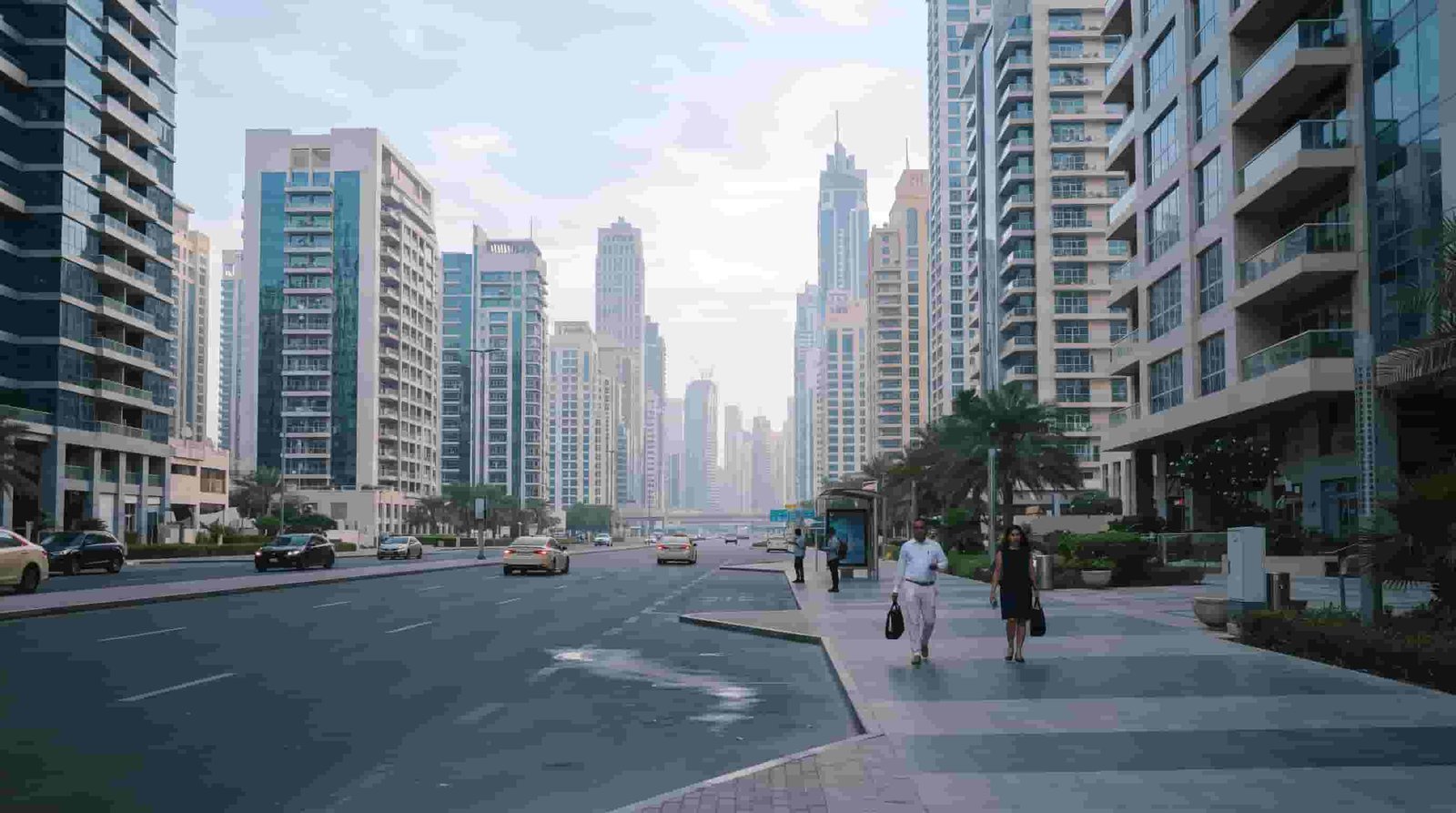 Daily life continuing in a Dubai business district as the property market recovers in 2026