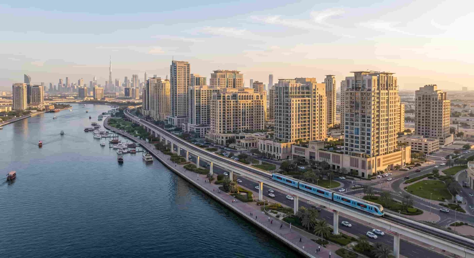 Aerial view of Bur Dubai along Dubai Creek, with Al Jaddaf's freehold towers