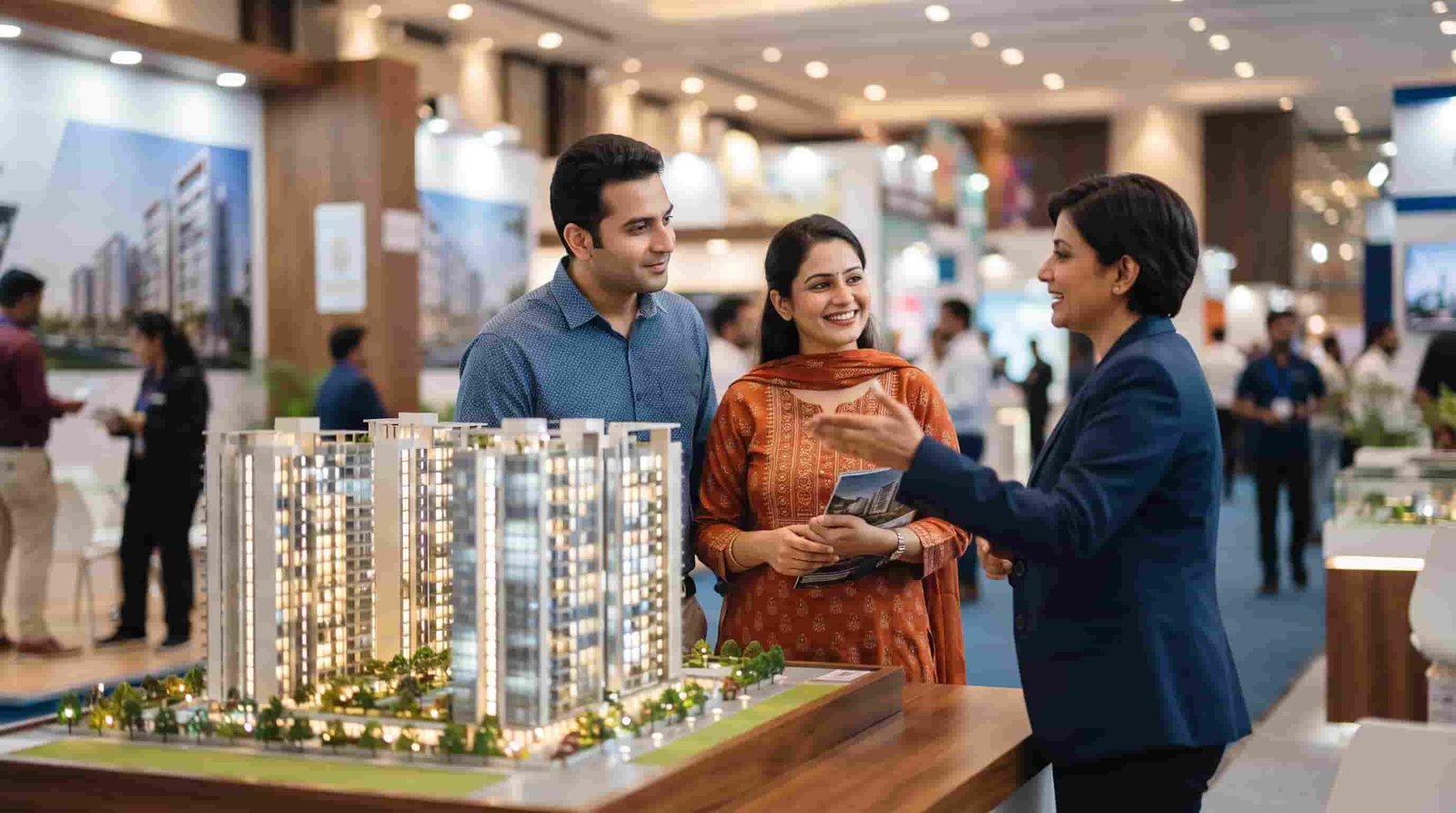 Indian couple discussing Dubai property options with an advisor at a property expo