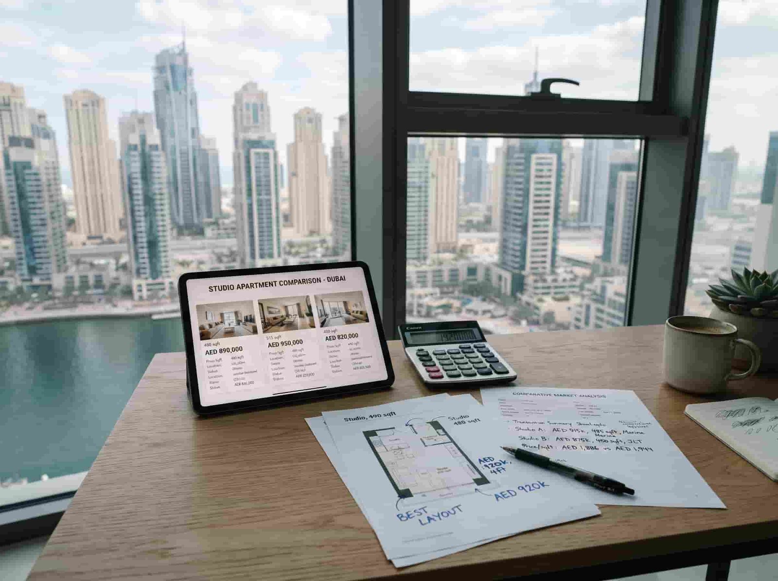 Studio apartment price research in Dubai with floor plans, property documents and residential towers.