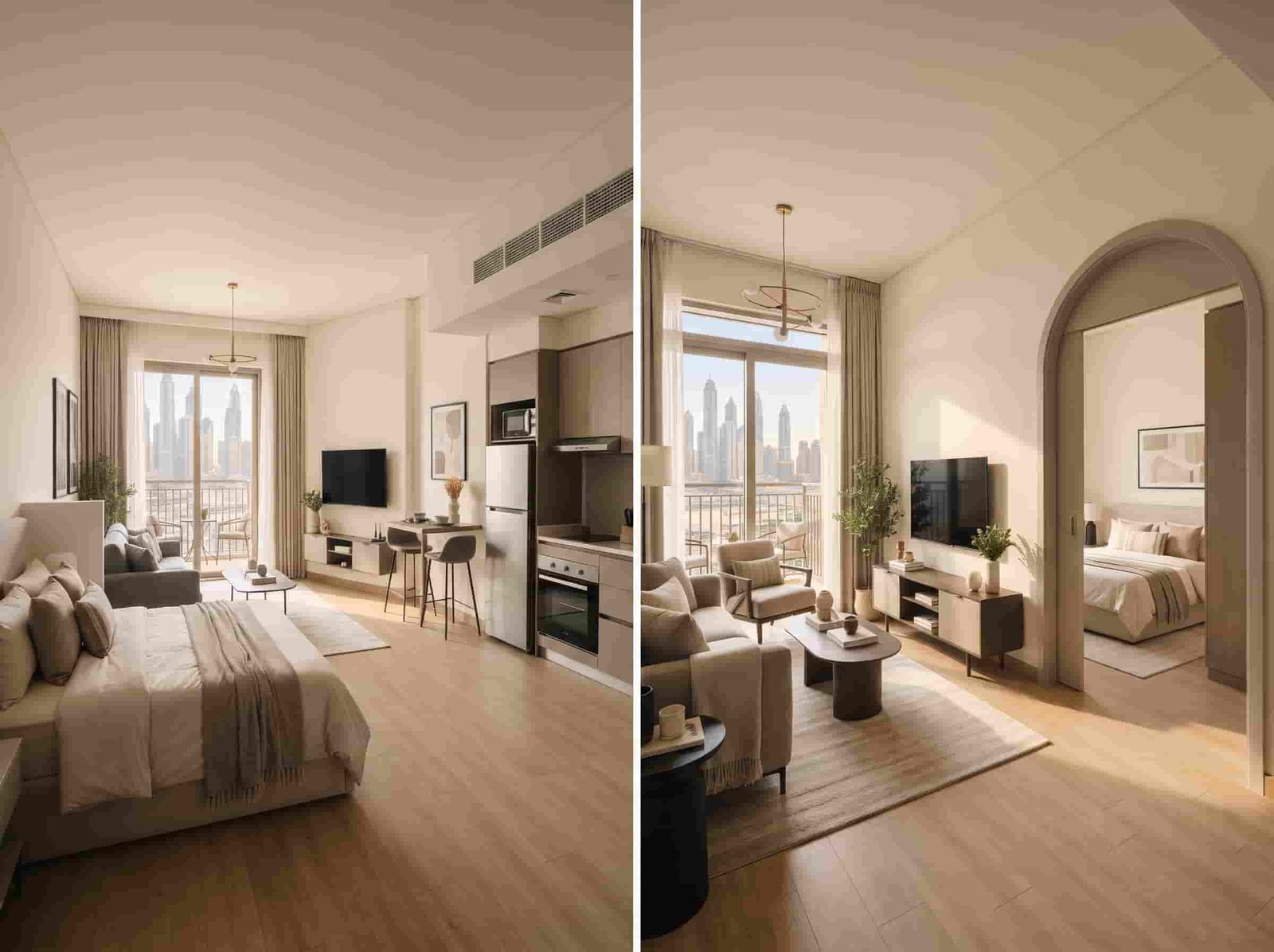 Comparison of a studio apartment and one-bedroom apartment in Dubai.