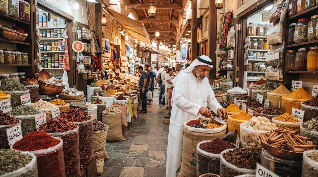 Spice Souk lanes in Deira Dubai with sacks of spices and herbs