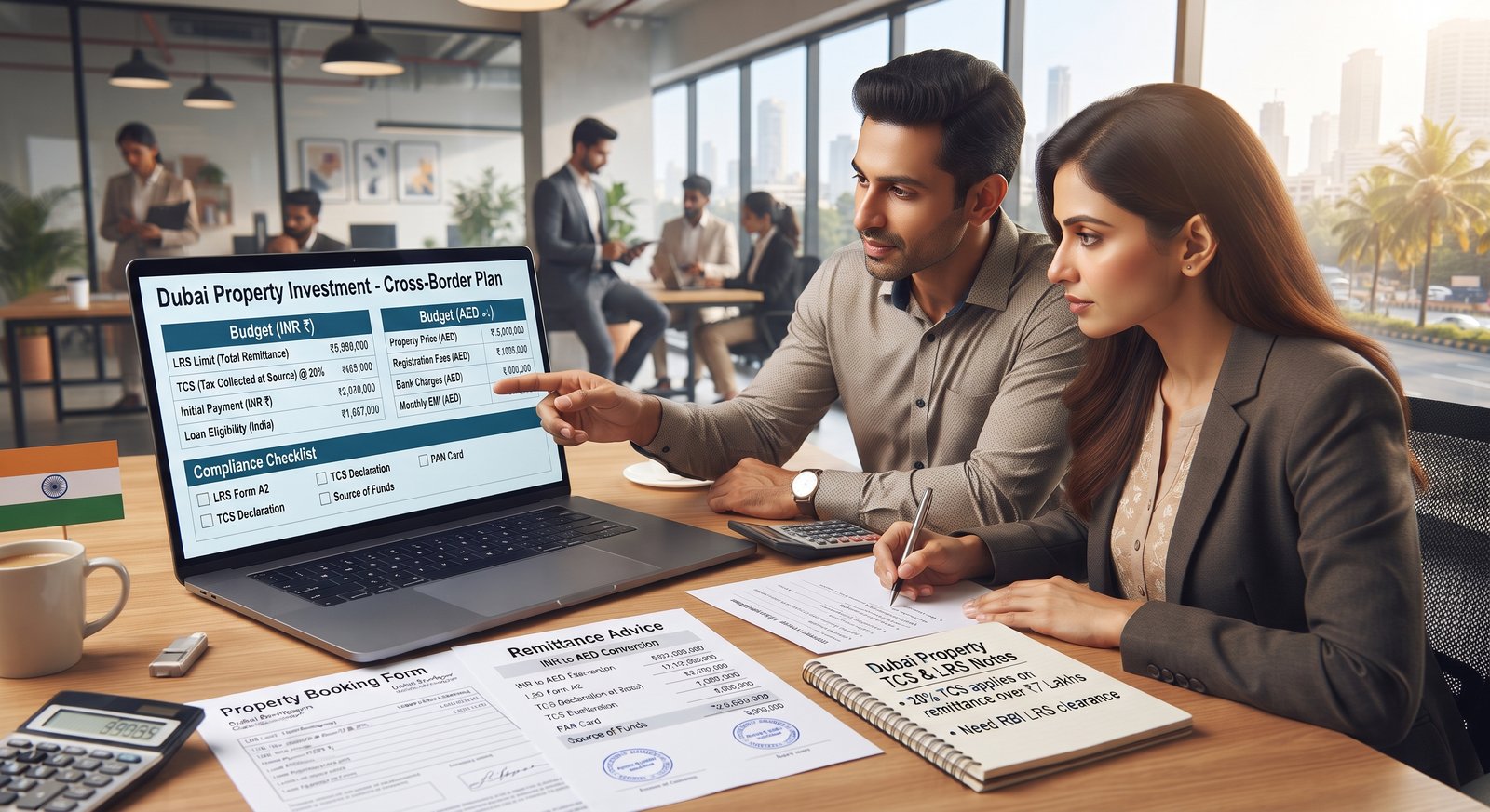 Indian buyer reviewing financial and property documents for a Dubai property purchase