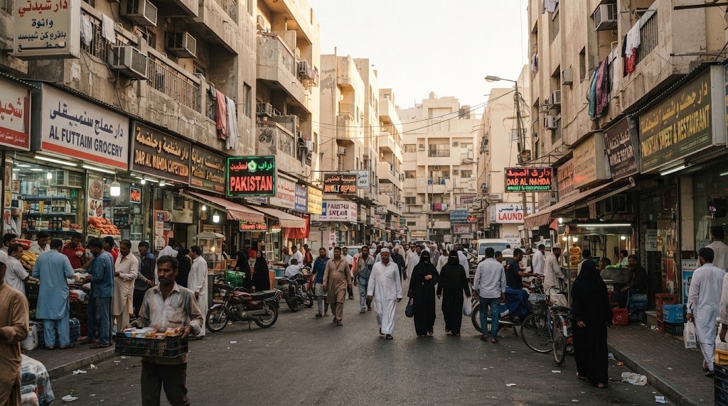 Everyday street life in Deira Dubai with shops, residents and old buildings