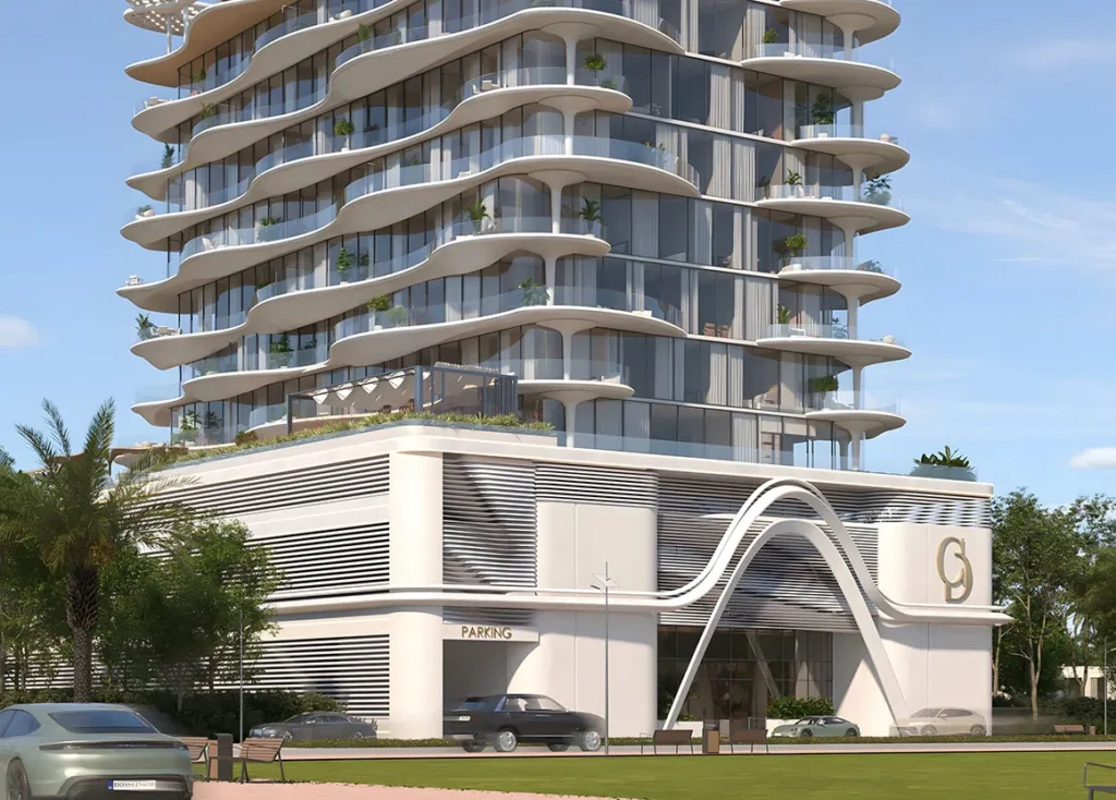 Agua Residences wavy balcony Dubai tower with sculptural entrance and landscaping