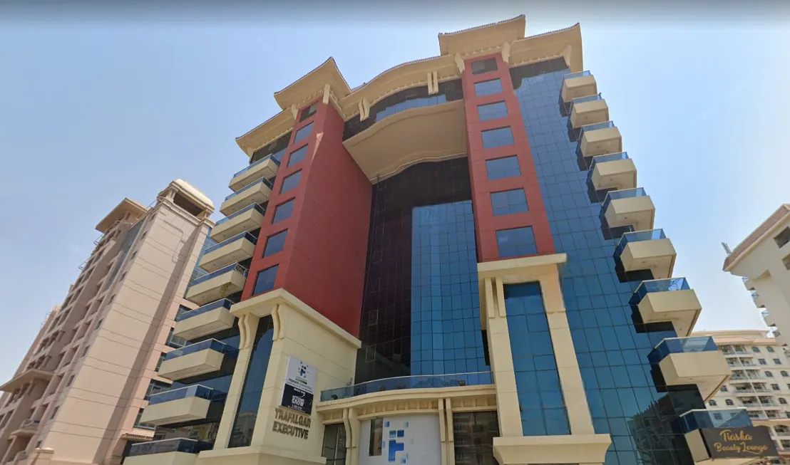 Trafalgar Executive mid-rise building in Dubai freehold zone street level real photo